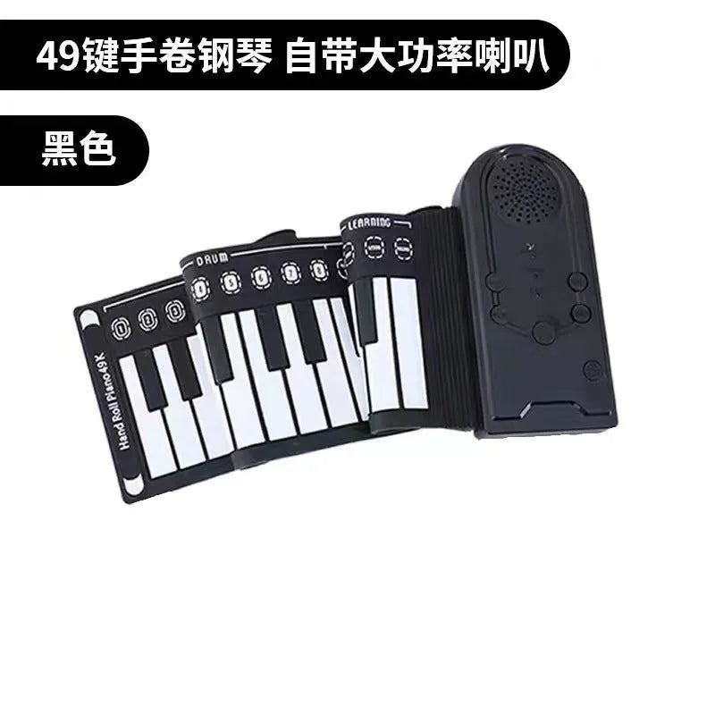 49-key folding electronic keyboard in gloss black with built-in speaker, unfolded to show silicone rubber keys and ABS plastic control panel