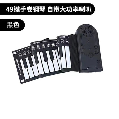 49-key folding electronic keyboard in gloss black with built-in speaker, unfolded to show silicone rubber keys and ABS plastic control panel