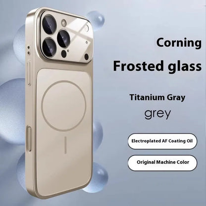 Frosted tempered glass iPhone case with magnetic ring on back, shown in titanium colour.