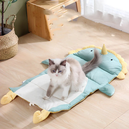 Detachable cooling cat bed with ice pad in white duck pattern, showing separate components and reinforced stitching