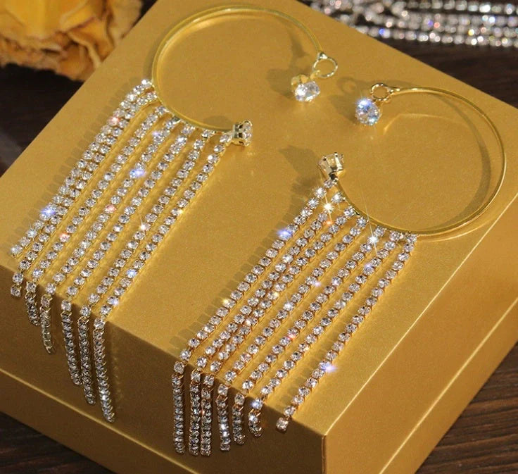 Fashionable gold and silver tassel earrings with a geometric design and luxurious 14K real gold plating