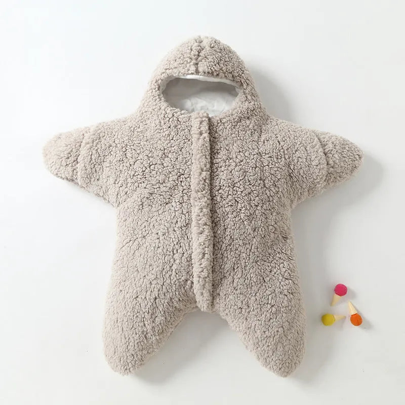 Baby winter sleeping bag with starfish print in lambswool velvet and cotton for newborns 0-6 months