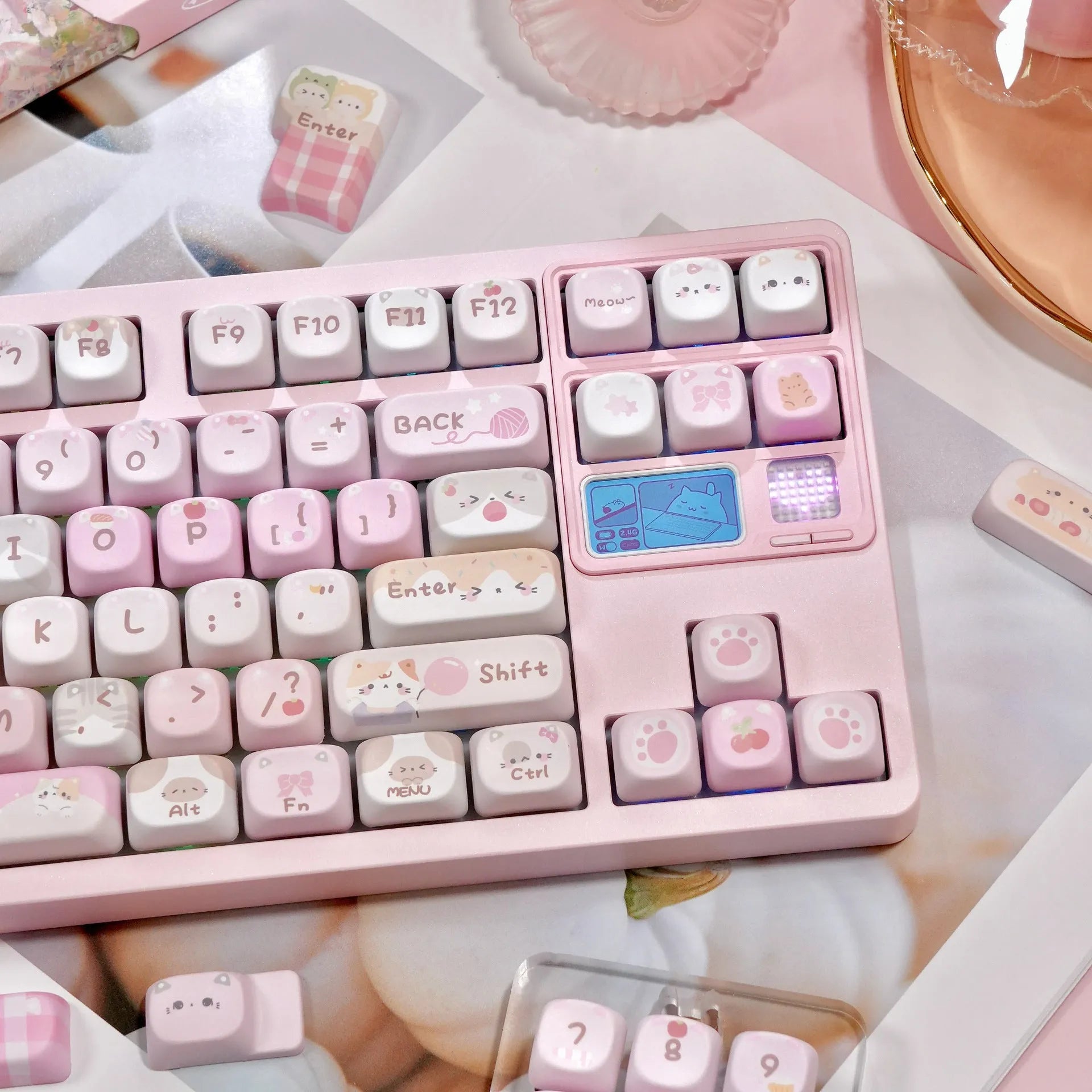 MOA Height five-sided sublimation key cap in solid pink with cartoon design for mechanical keyboards