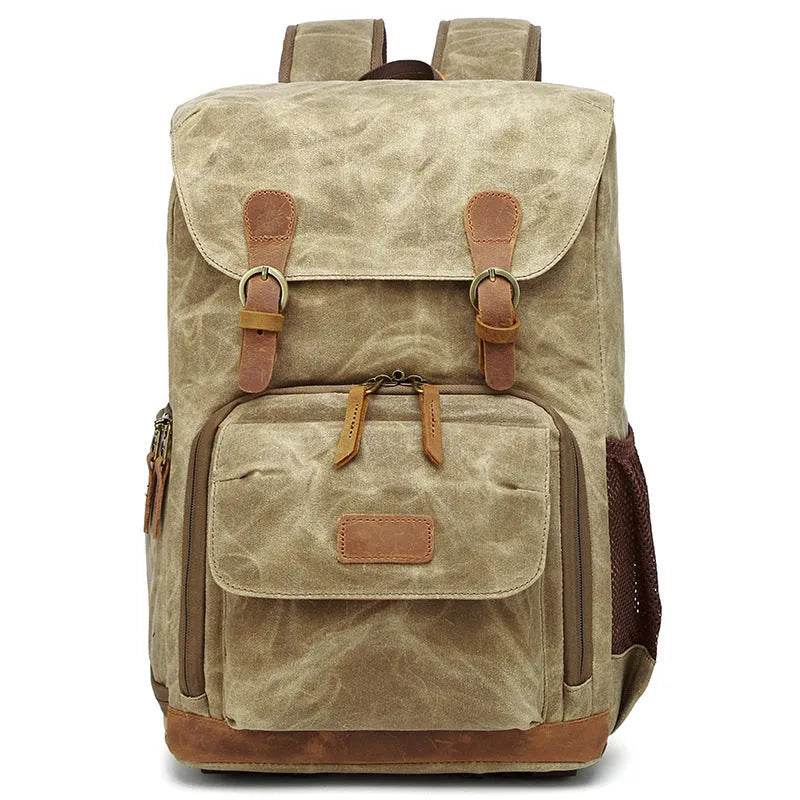 Canvas DSLR camera backpack in khaki colour with anti-theft anti-seismic features