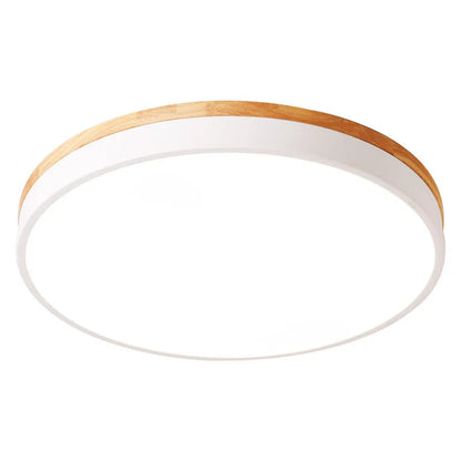 Round solid wood and acrylic LED ceiling lamp with dimming control in a modern living room setting.
