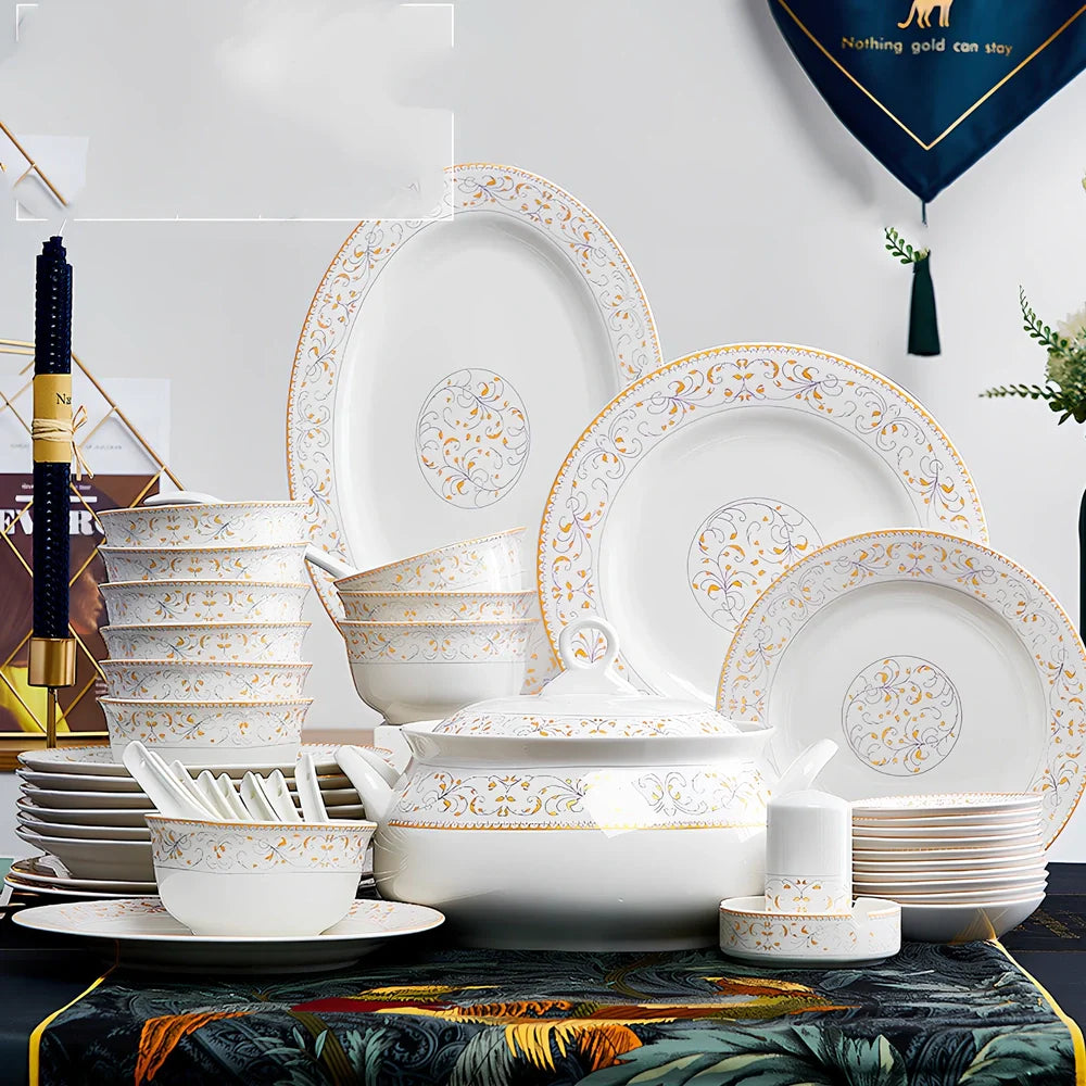 Bone china bowl and saucer set with overglaze rim patterns in Swan Lake design, 28-head configuration