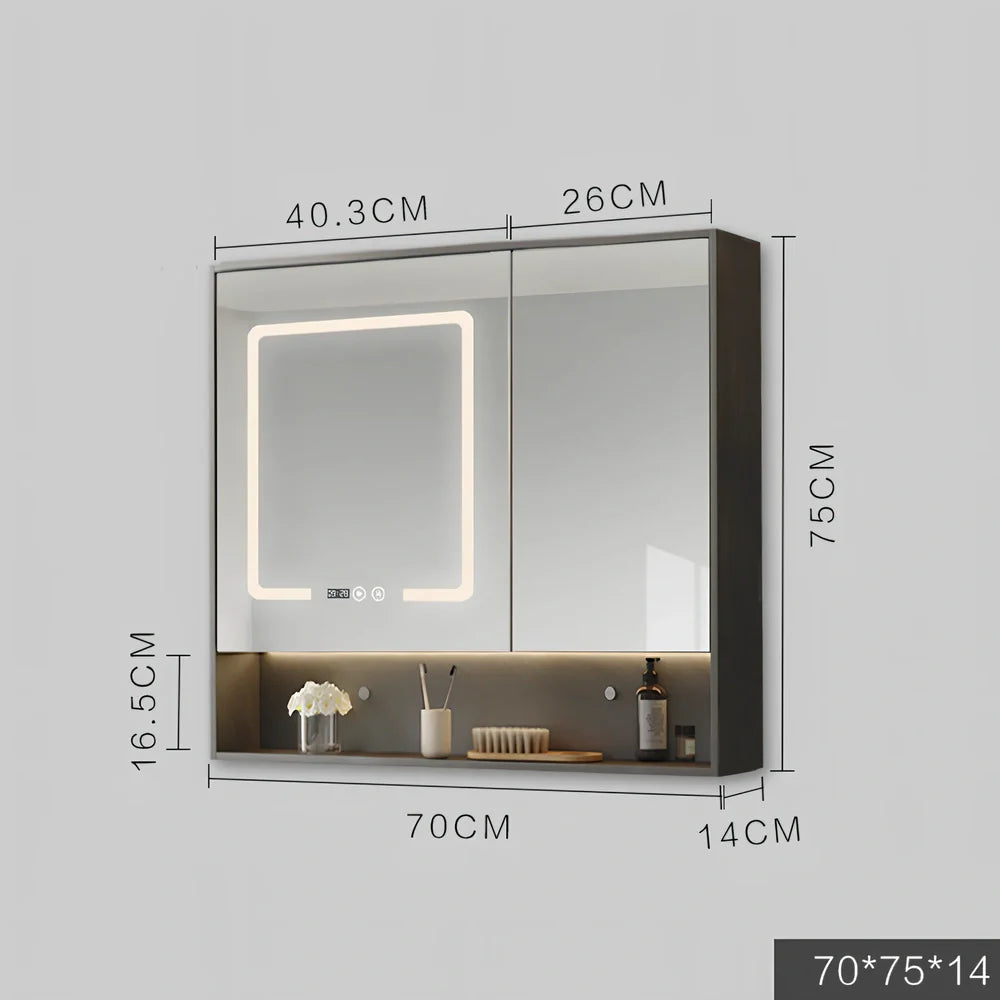 Wall-mounted bathroom mirror cabinet with LED lights and anti-fog technology in solid wood construction