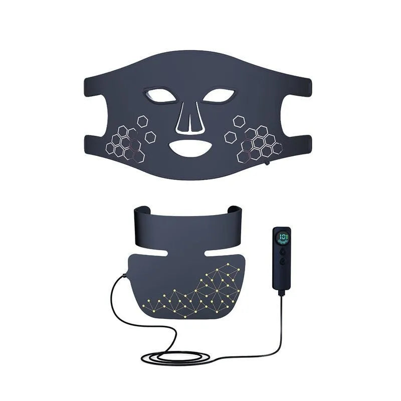 Black LED photon light therapy facial mask for at-home skin treatment on wrinkles and acne.