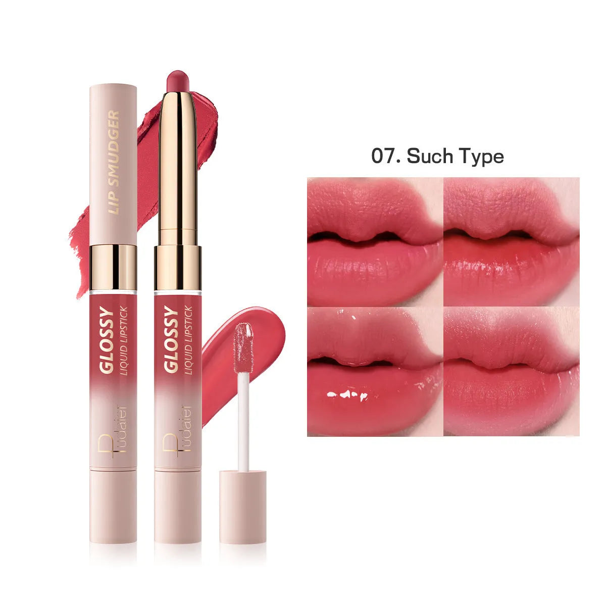 Double-headed lipstick and lip gloss case showing two applicators in 10 colour shades