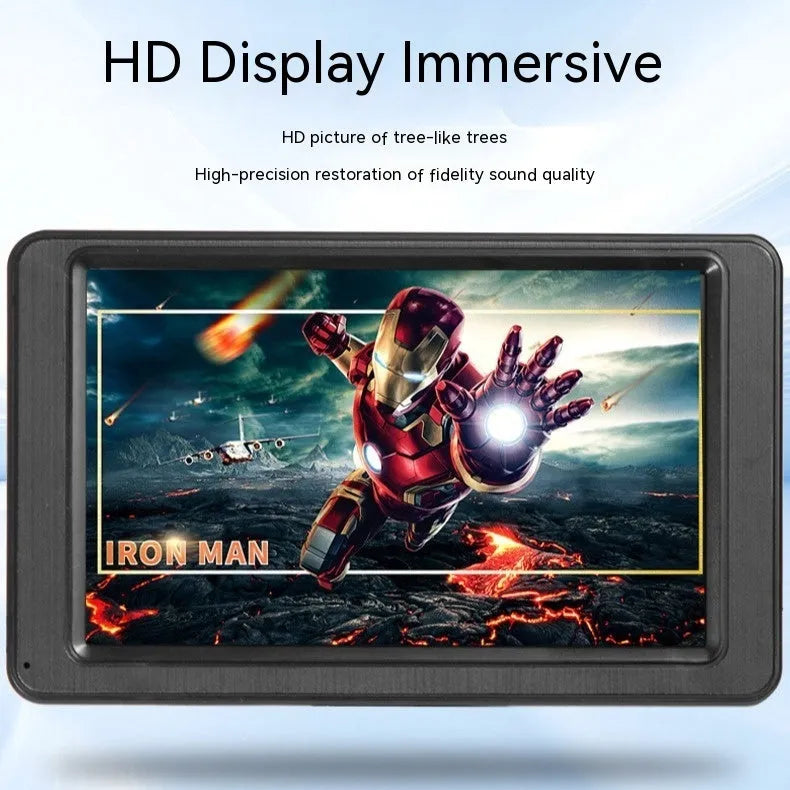 Black portable 7-inch vehicle MP5 player with LCD screen and mounting bracket.