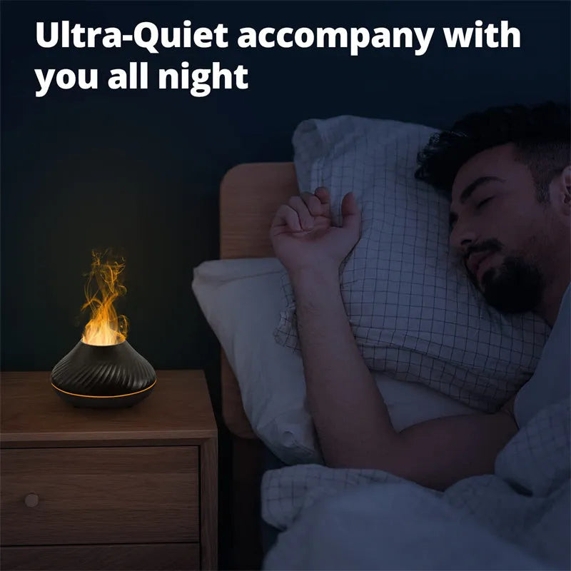 Beige volcanic flame aroma diffuser with LED lighting and mist output on wooden surface