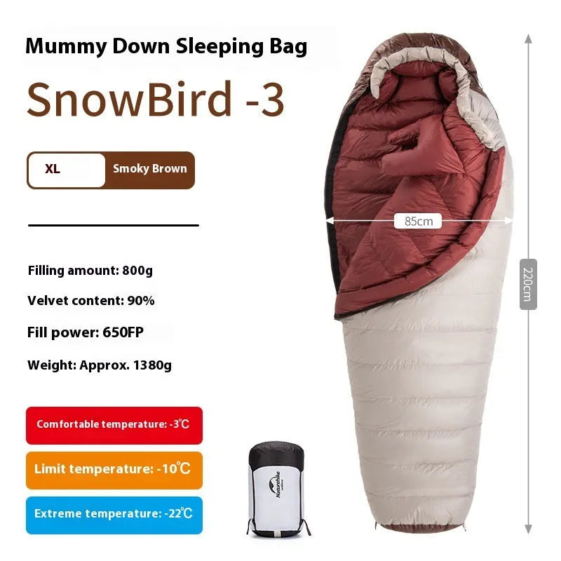 Mummy-style goose down sleeping bag with storage bag, available in 12 specifications from 350g to 1090g fill weight