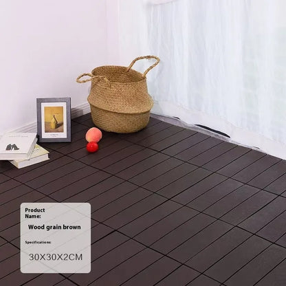 Plastic floor tiles with wood grain pattern showing 300x300mm dimensions and 23mm thickness profile