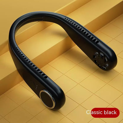 USB-powered leafless halter fan in classic black with adjustable neck strap