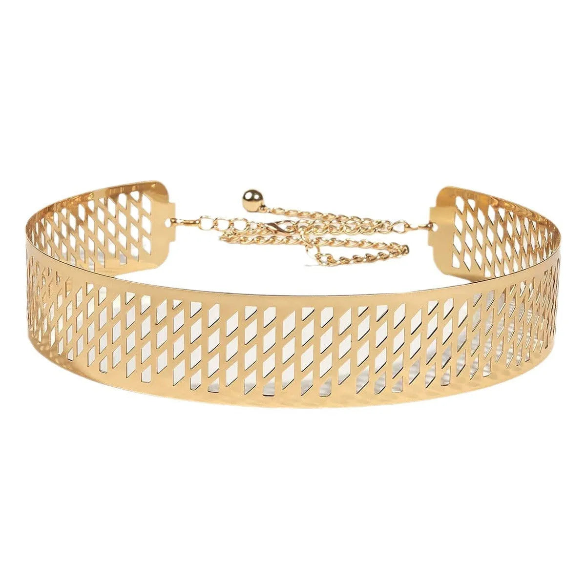Golden waist belt with lantern floral punch design showing thick 4.5cm width and alloy buckle