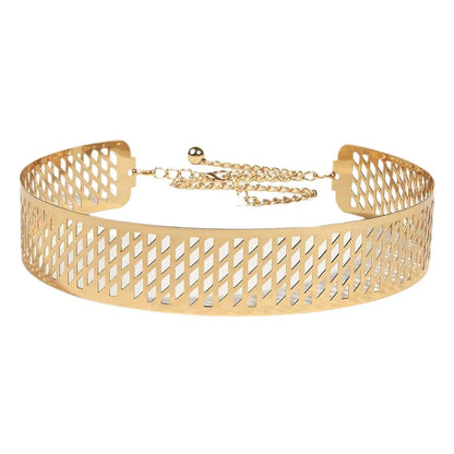 Golden waist belt with lantern floral punch design showing thick 4.5cm width and alloy buckle