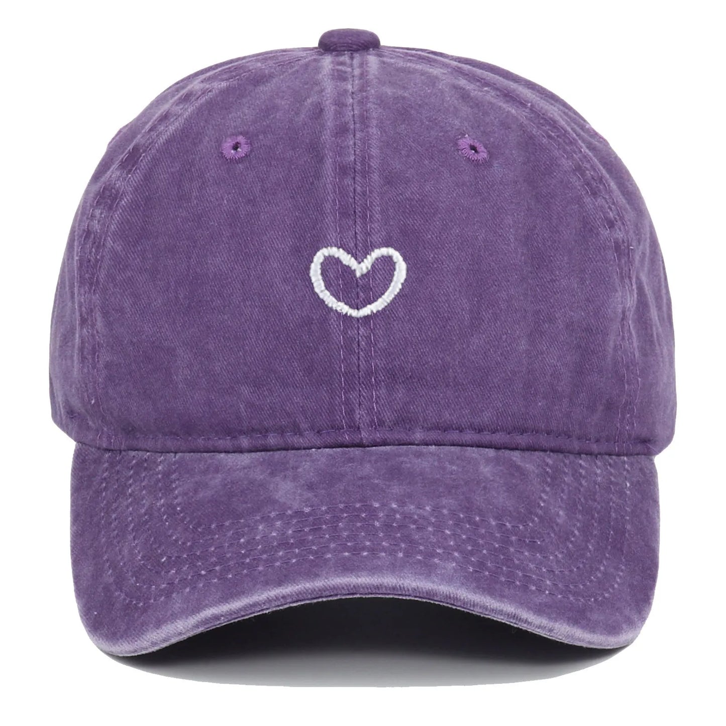 Adjustable cotton baseball cap with embroidered retro love design in various colours.