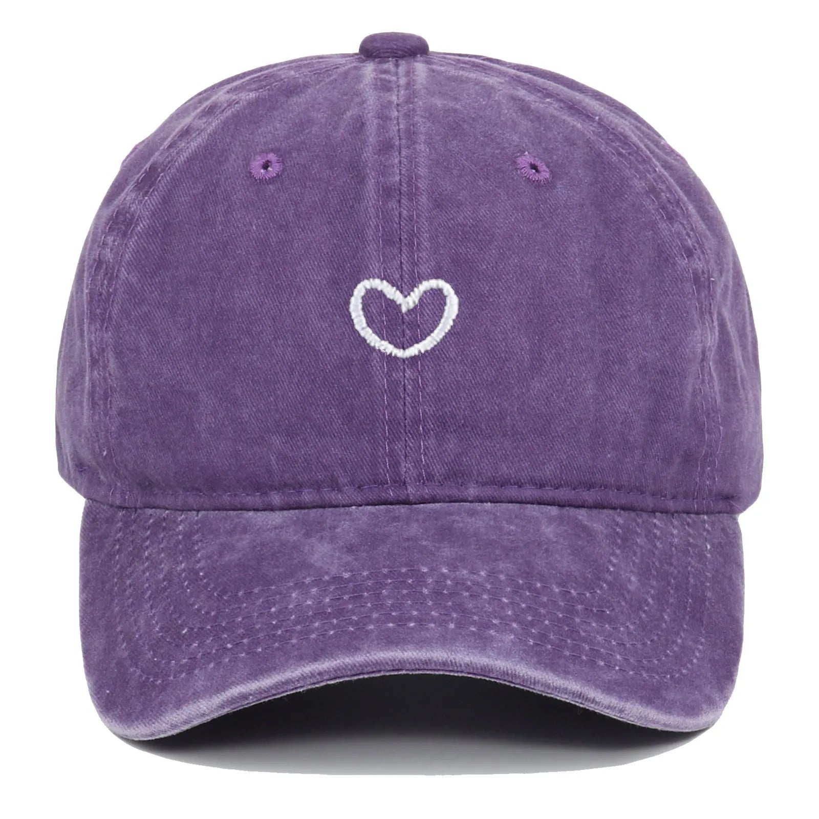 Adjustable cotton baseball cap with embroidered retro love design in various colours.