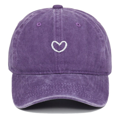Adjustable cotton baseball cap with embroidered retro love design in various colours.