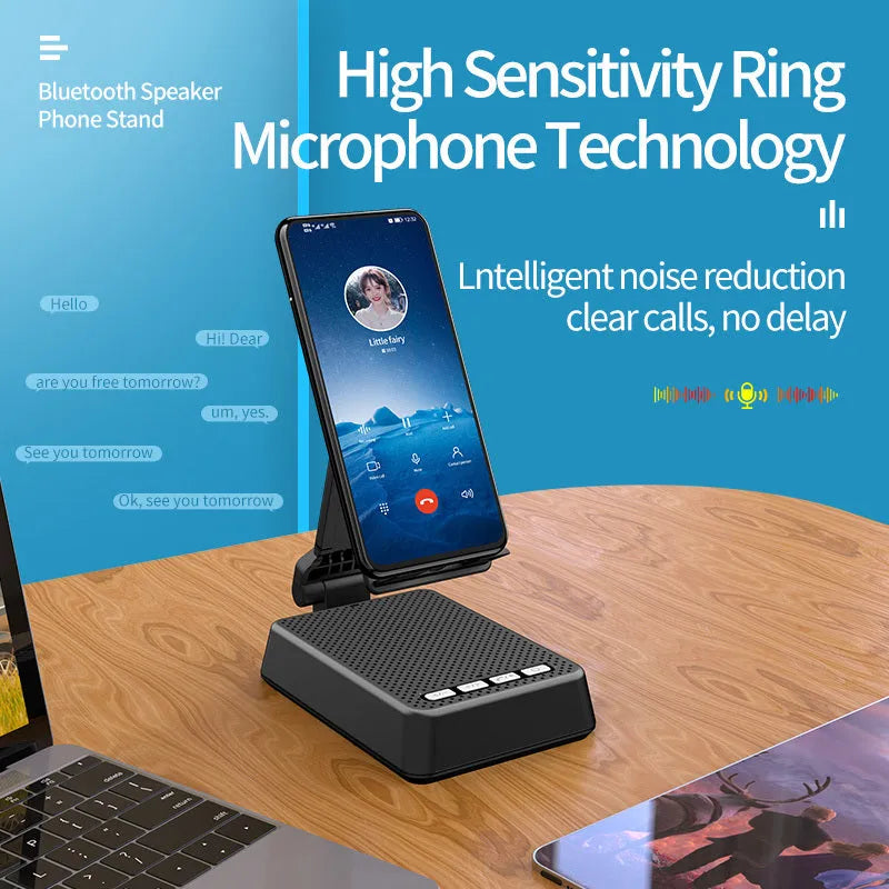 Black mobile phone broadcasting stand with Bluetooth speaker and HD microphone on desk