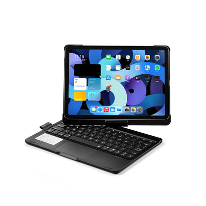 Rotating Bluetooth keyboard with backlight for iPad Pro and iPad Air tablets in black, silver, and rose gold.
