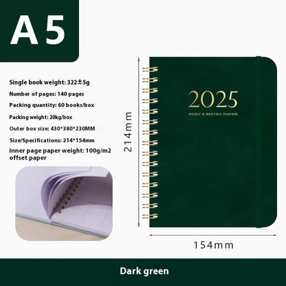 A5 size PU leather notebook with metal coil binding in a choice of colours including black, blue, and brown.