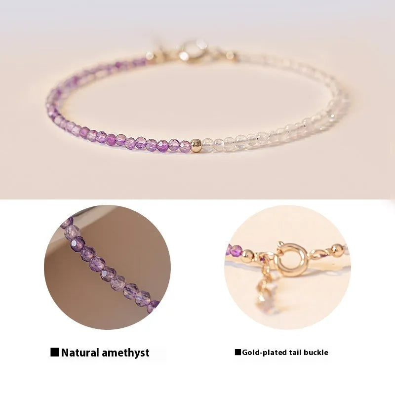 Purple geometric crystal bracelet threaded on 2mm purple rattan.