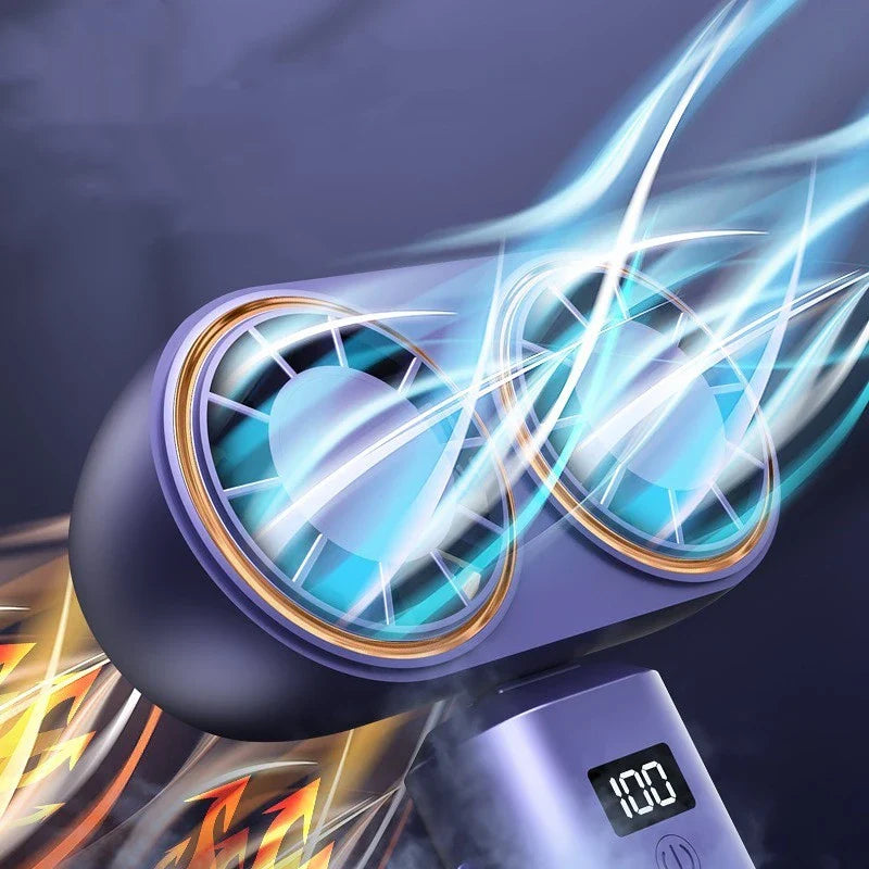 Portable USB rechargeable handheld fan with folding design, dual air outlets, and digital display for monitoring speed and battery life