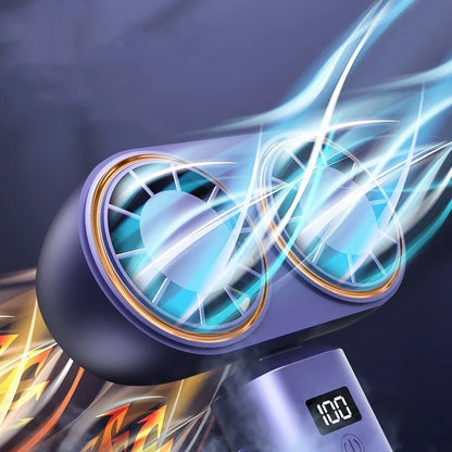 Portable USB rechargeable handheld fan with folding design, dual air outlets, and digital display for monitoring speed and battery life