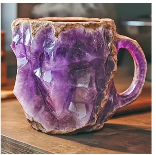 400ml resin mineral crystal coffee mug with handle in assorted colours including purple, blue, and pink.