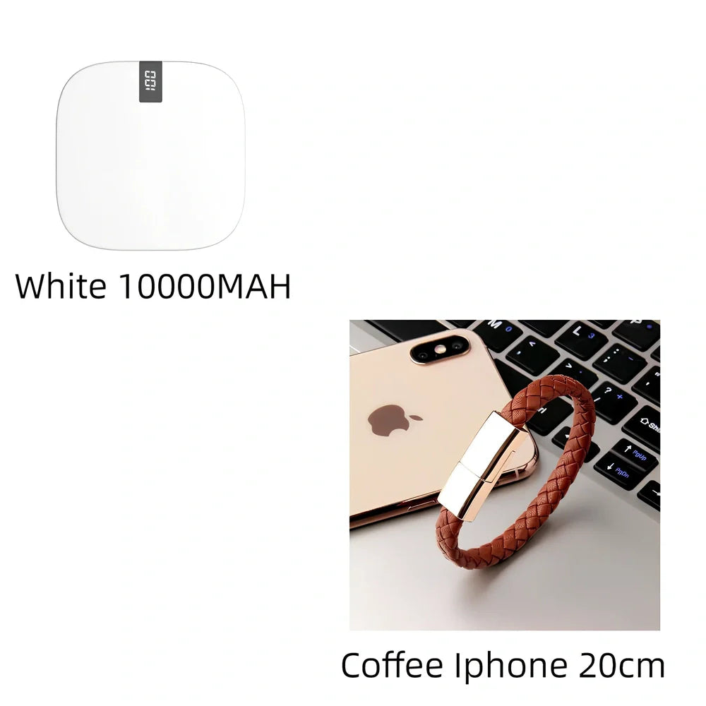 Red 10000 mAh mini power bank with digital display showing battery percentage, measuring 90x64x24mm