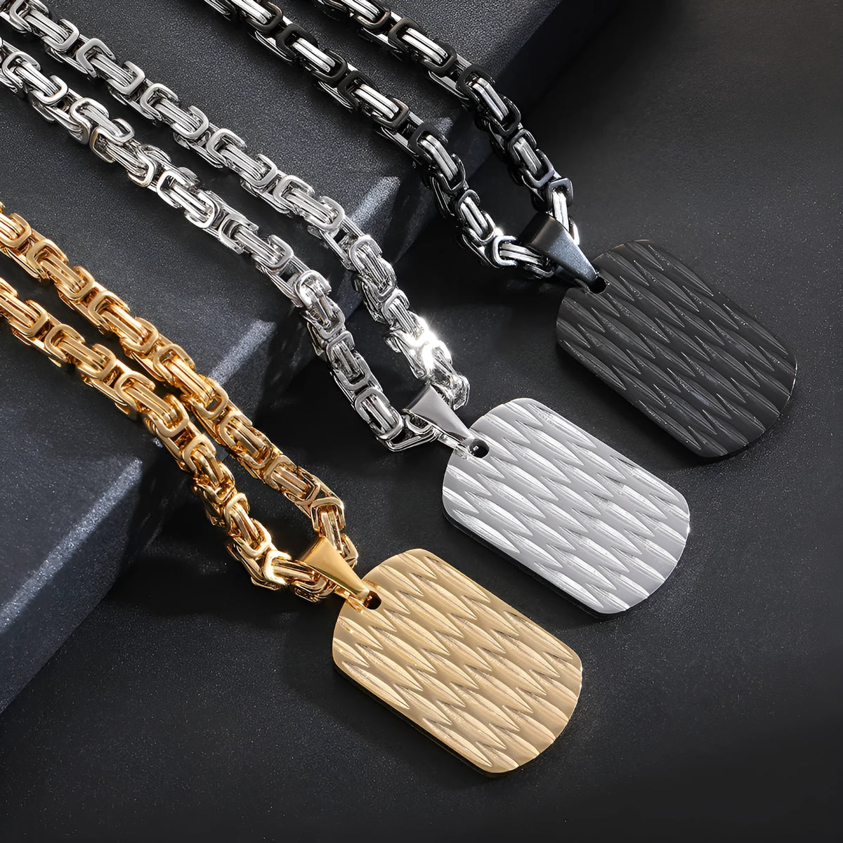 Men's titanium steel pendant necklace with water ripple geometric design on emperor chain in gold finish