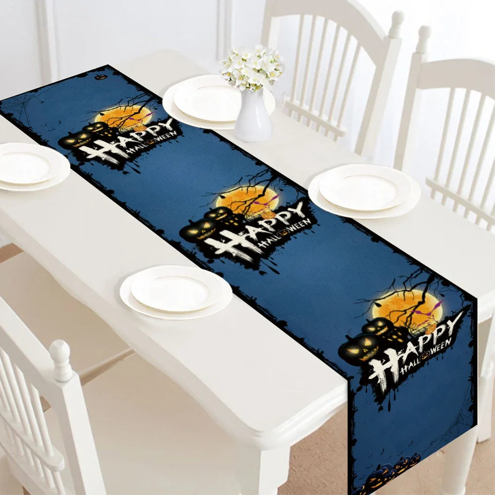 Halloween table runner with digital printed designs measuring 30cm by 182cm on polyester linen material