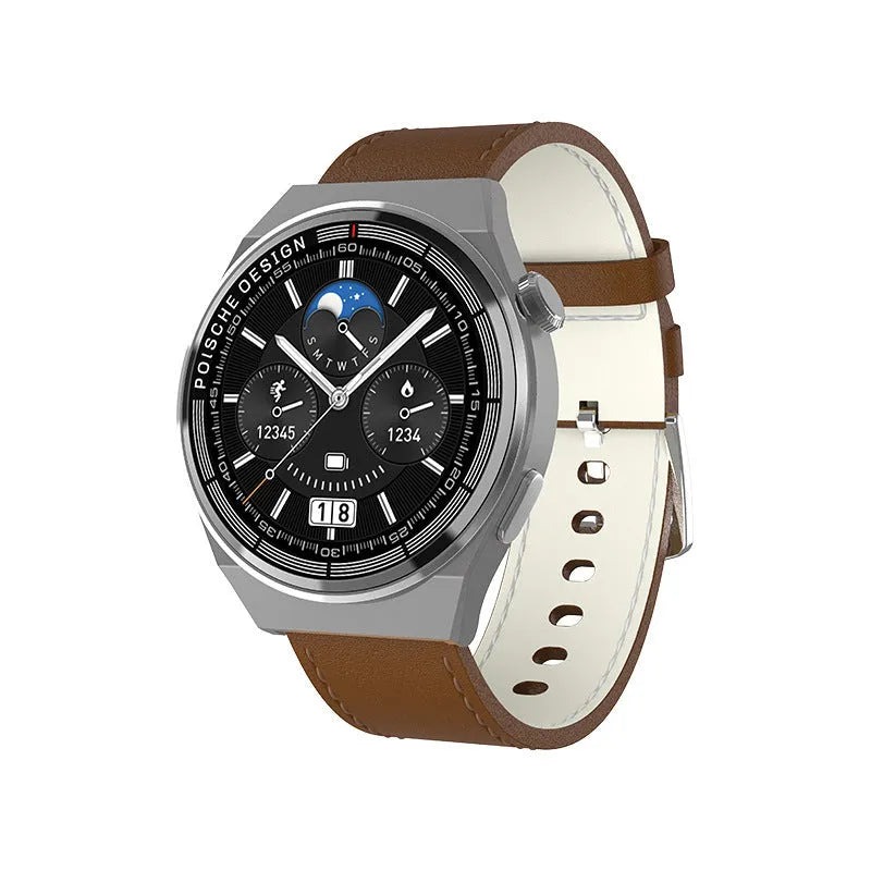 Black Bluetooth smartwatch with circular tempered glass screen showing NFC and blood sugar monitoring functions.