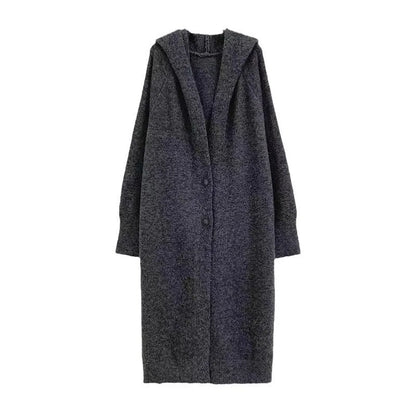 Women's Korean style hooded long knitted cardigan in oatmeal colour, showing loose fit and below-the-knee length