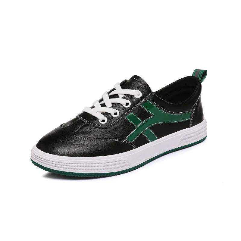 Korean style casual sneakers with elastic bands, cowhide upper and round toe in white or black