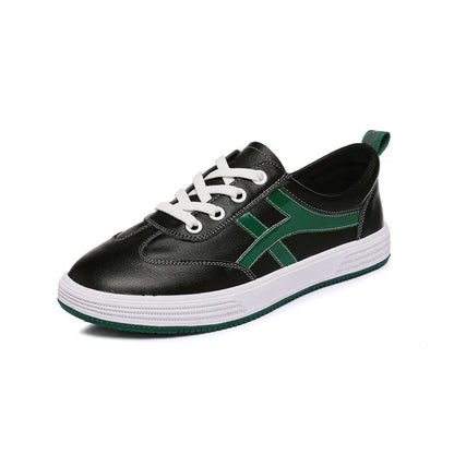 Korean style casual sneakers with elastic bands, cowhide upper and round toe in white or black