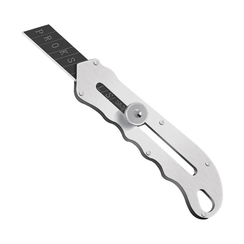 Stainless steel folding utility art knife with black blade and a pack of replacement blades.