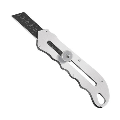 Stainless steel folding utility art knife with black blade and a pack of replacement blades.