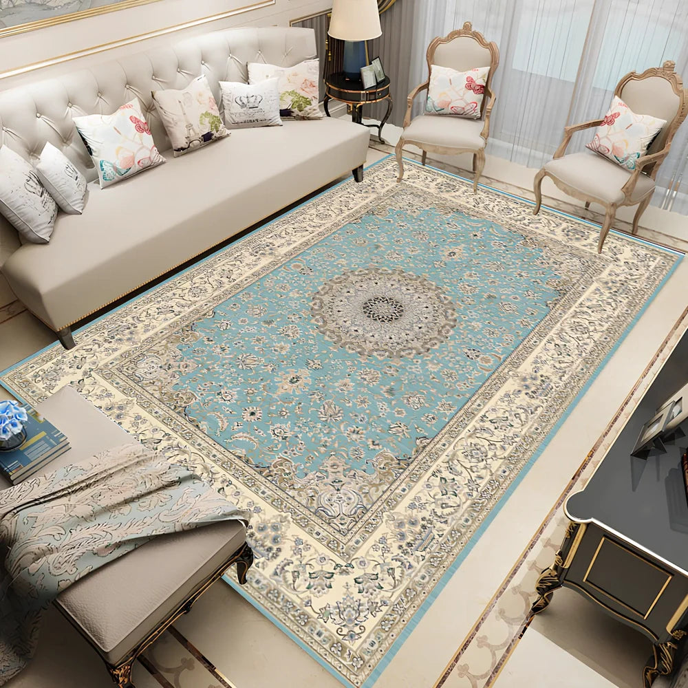 Rectangular Persian floral carpet with machine-woven polyester construction in modern design