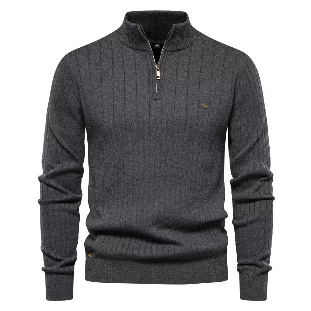 Men's stand collar half-zipper knit sweater in slim fit, available in multiple colors