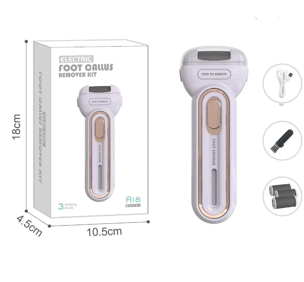 Electric foot grinder with three grinding heads in beige, green, and purple colour options