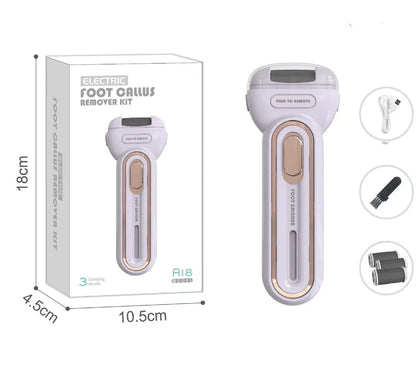 Electric foot grinder with three grinding heads in beige, green, and purple colour options