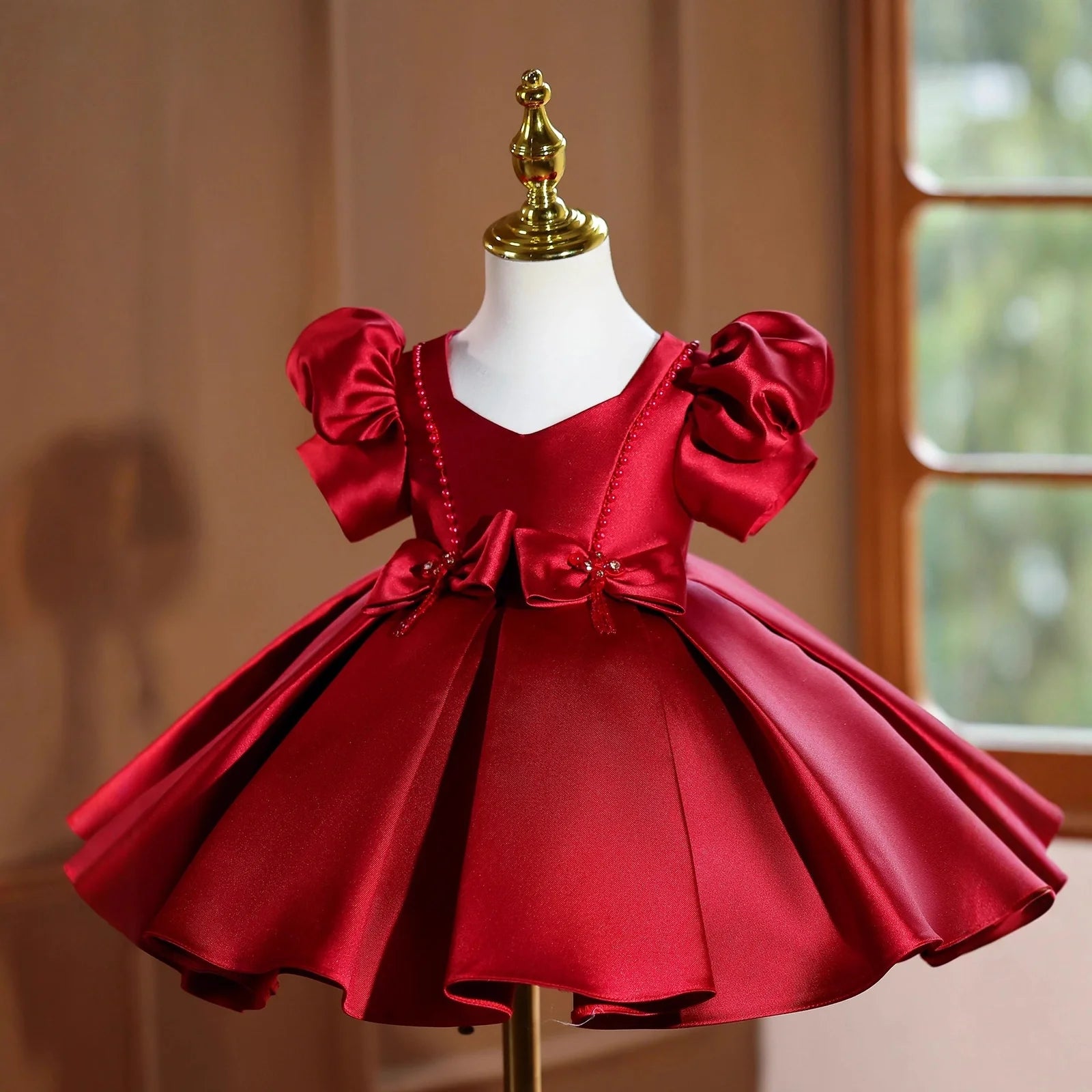 Wine red polyester girls' evening dress with princess design elements for birthday parties
