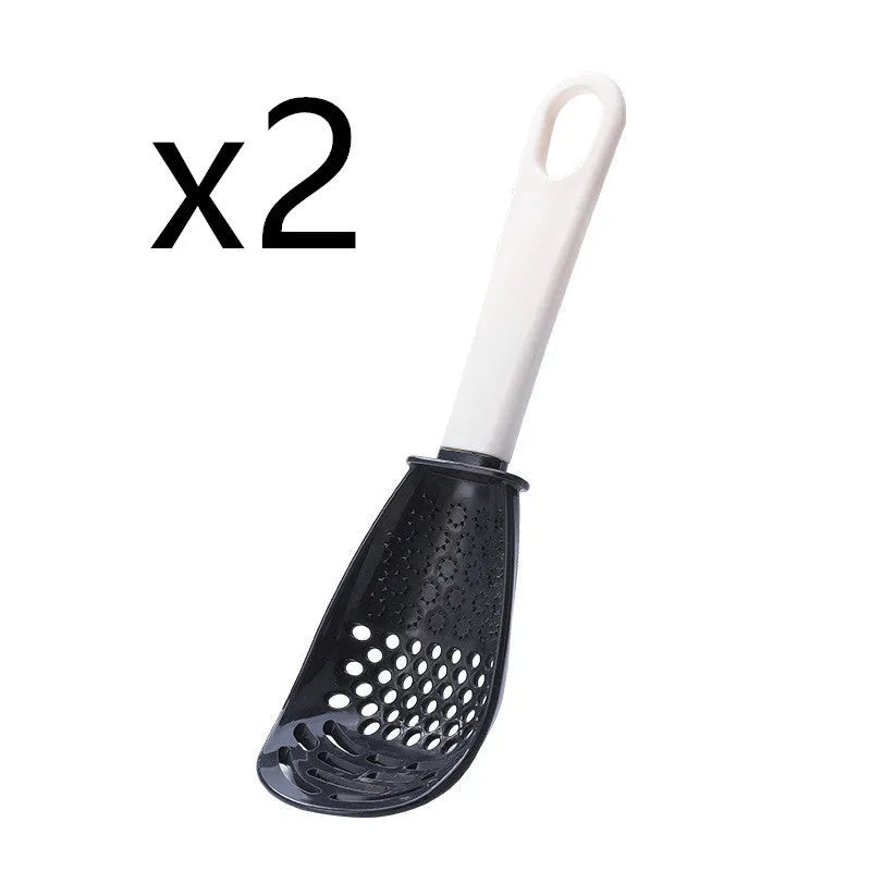 Red plastic multifunctional cooking spoon with serrated edge for grinding and half-enclosed scoop design