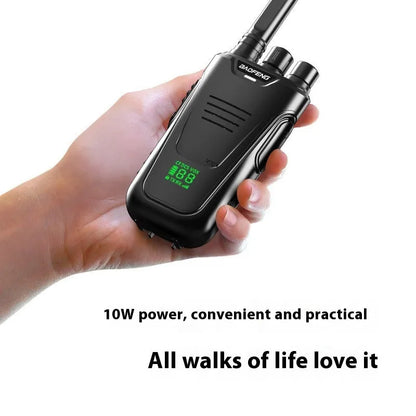 Red and yellow high-power handheld intercom for hotel and restaurant staff communication.