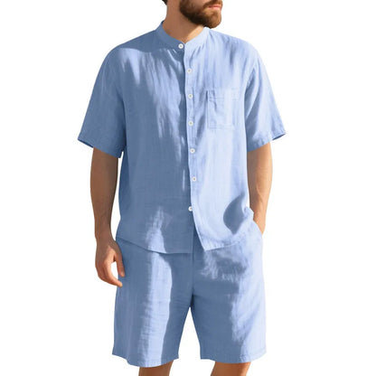 Men's light blue linen blend summer suit with short sleeve Henry collar jacket and matching shorts