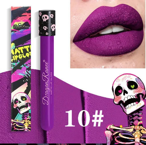 Halloween skull test tube lip gloss in gold and silver matte metallic shades showing doe-foot applicator.