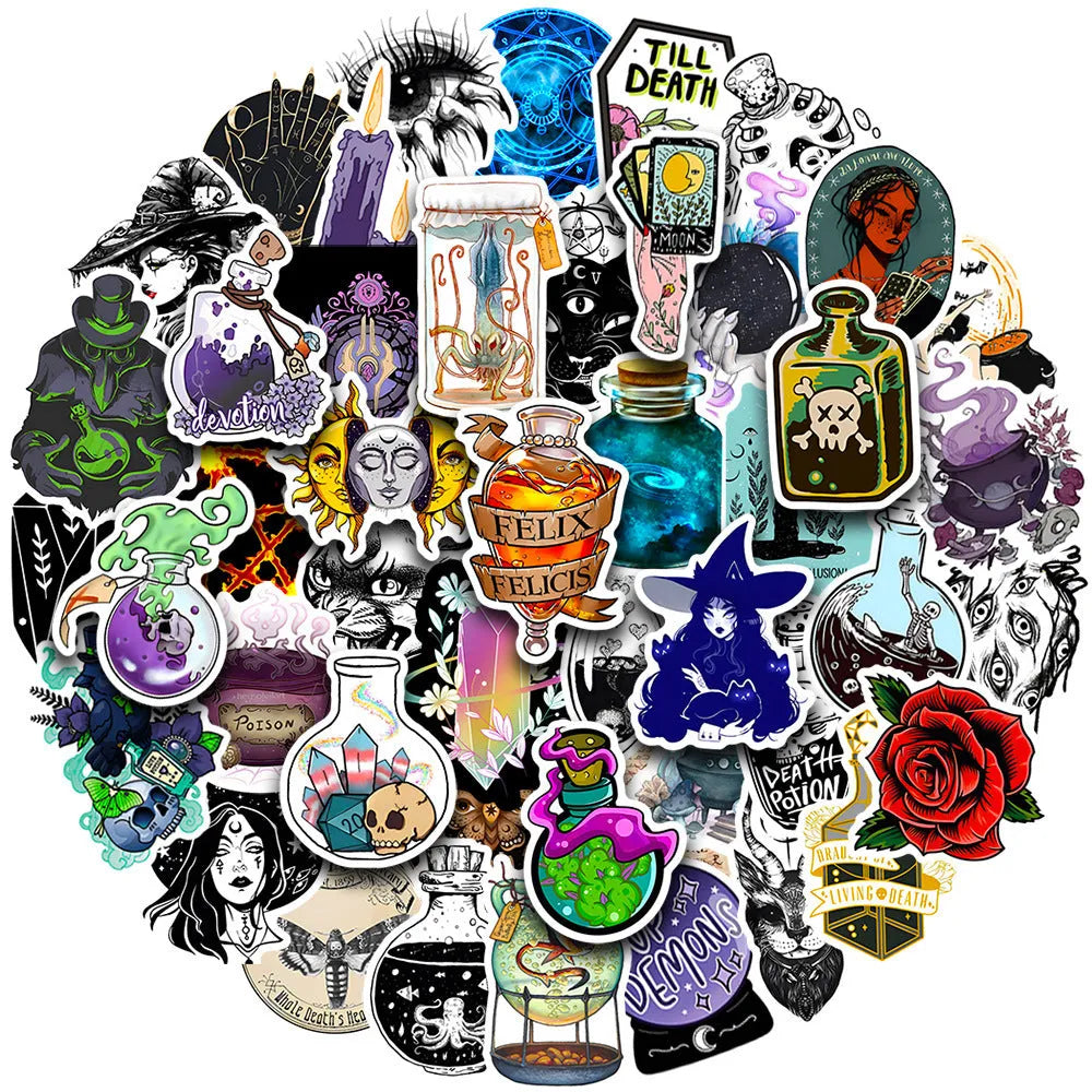 50 waterproof PVC stickers with glossy finish for laptops and skateboards measuring 3-8cm