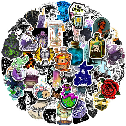 50 waterproof PVC stickers with glossy finish for laptops and skateboards measuring 3-8cm